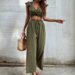 NWT Shein Ruffle Trim Twist Top With Pants set - army green